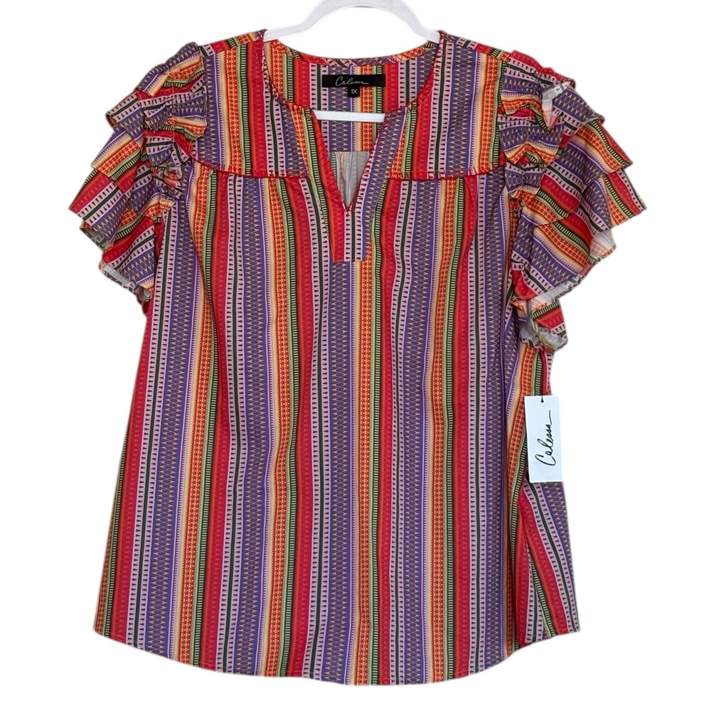 New Calessa Petite Striped V-Neck Ruffled Sleeves Shirt Size 1X